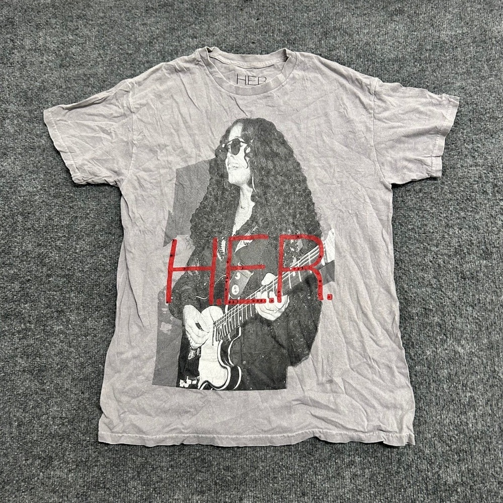 H.E.R. Graphic T-Shirt Womens Size S Grey Acid Wash Rhinestone Music Merch Tee